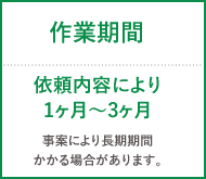 作業期間 依頼内容により1ヶ月〜3ヶ月 事案により長期期間かかる場合があります。